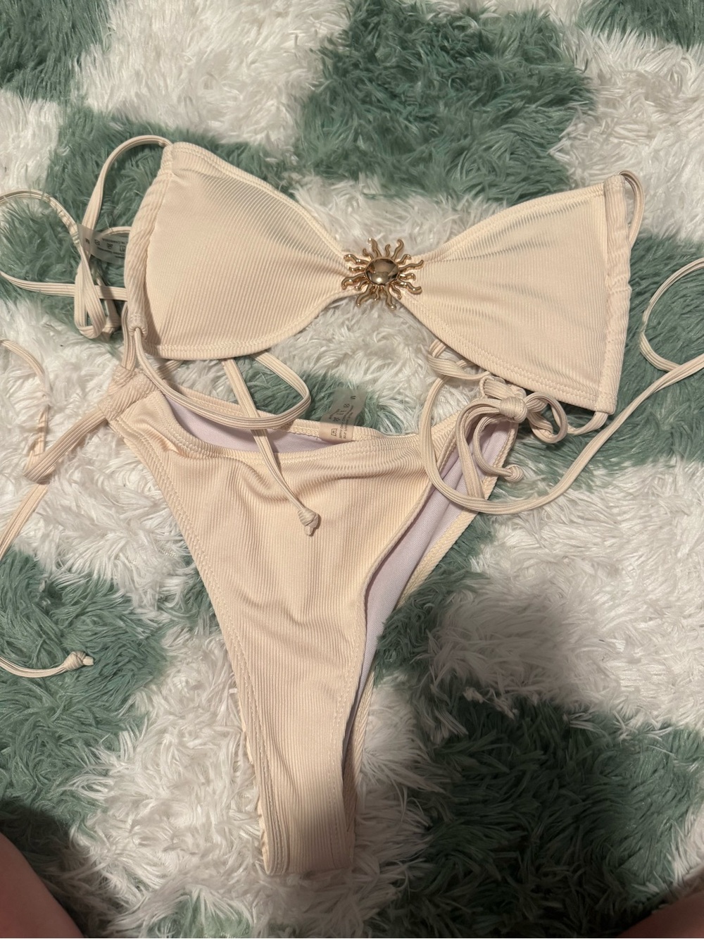 SHEIN Cream Ribbed Tie-Side Bikini with Gold Sun Accent